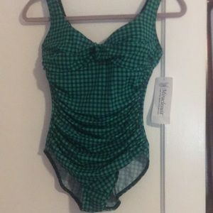 Green and navy one piece swimsuit